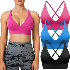 Sports Bras for Women Padded Adjustable Deep V Neck Bra Seamless Spaghetti Strap Criss Cross Light Impact Yoga Bras