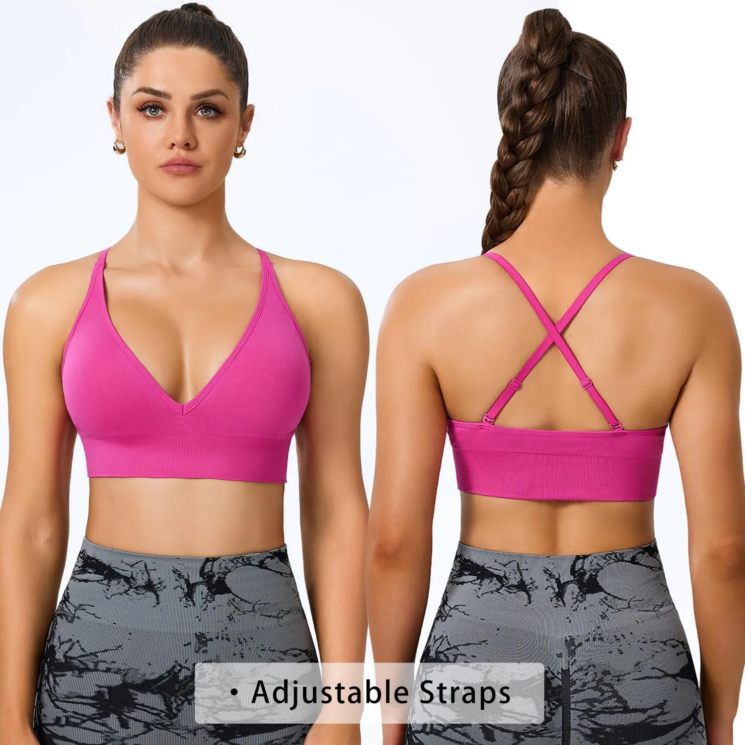 Sports Bras for Women Padded Adjustable Deep V Neck Bra Seamless Spaghetti Strap Criss Cross Light Impact Yoga Bras