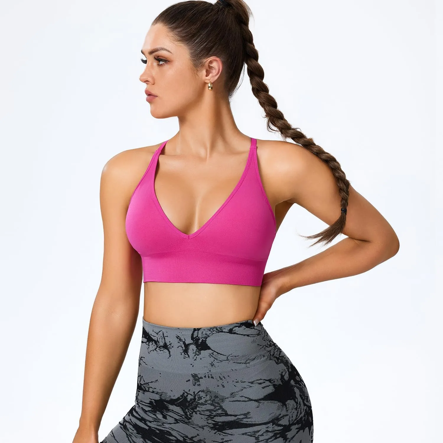 Sports Bras for Women Padded Adjustable Deep V Neck Bra Seamless Spaghetti Strap Criss Cross Light Impact Yoga Bras