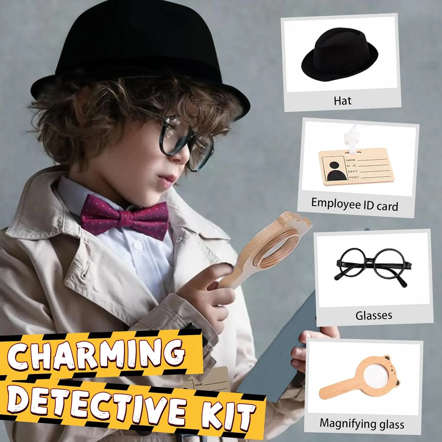 Spy Kit for Kids Detective Outfit Fingerprint Toys for 5 6 7 8 9 10 Year Old with Hat,Wooden Magnifying Glass and Detective Tools,Secret Agent Investigation Science Set,Spy Costumes for Kids 8-12