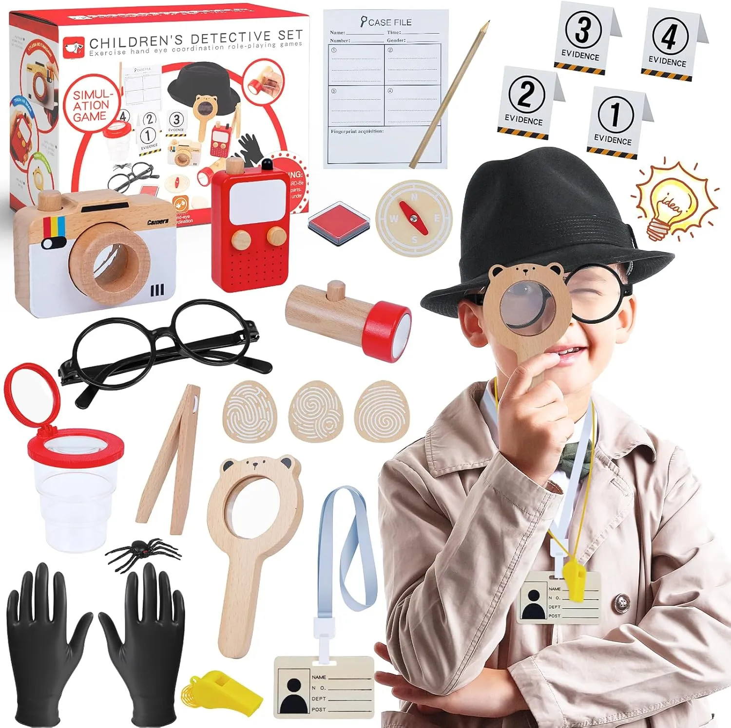 Spy Kit for Kids Detective Outfit Fingerprint Toys with Hat, Wooden Magnifying Glass and Detective Tools, Investigations Science Role Play Toy Gifts for Toddlers Boys Girls Kids Aged 3 