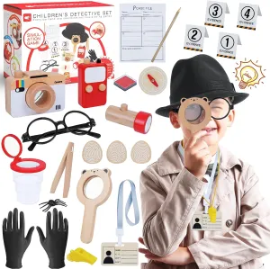 Spy Kit for Kids Detective Outfit Fingerprint Toys with Hat, Wooden Magnifying Glass and Detective Tools, Investigations Science Role Play Toy Gifts for Toddlers Boys Girls Kids Aged 3 