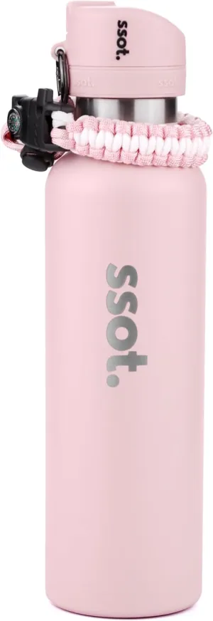 ssot BUZZTLE 120DB Alarm Insulated Stainless Steel Water Bottle with Fire Starter Compass Whistle Emergency Safety Alarm Survival Kit Bracelet (Pink)