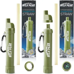 Stay Alive-2 Outdoor Activated Carbon 4000 Liter Water Filter Emergency Straw with Compass, Whistle, Signal Mirror, Carabiner for Survival, Camping, Hiking, Climbing, Backpacking (2-Pack)