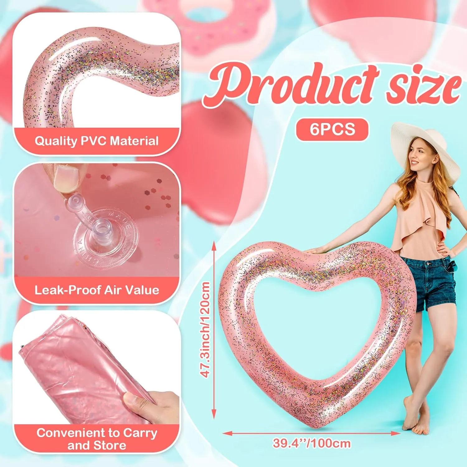 Sumind 6 Pcs Inflatable Heart Pool Floats, 47.3 x 39.4 Inch Bachelorette Heart Shaped Loungers Tube, Wedding Bride Float, Summer Swimming Ring, Water Beach Party for Adults(Rose Gold)