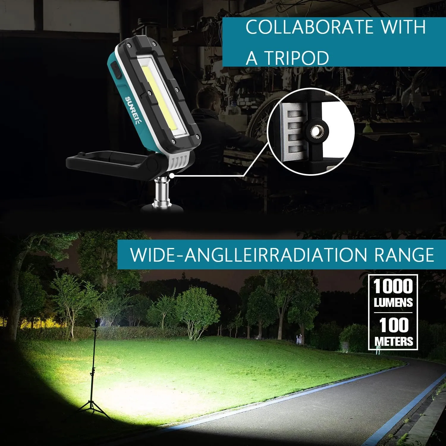 SUNREI LED Rechargeable Magnetic Work Lights, 1000 Lumens, Magnetic Base & Hanging, 7Mode, Flashlight for Job Site & Emergency