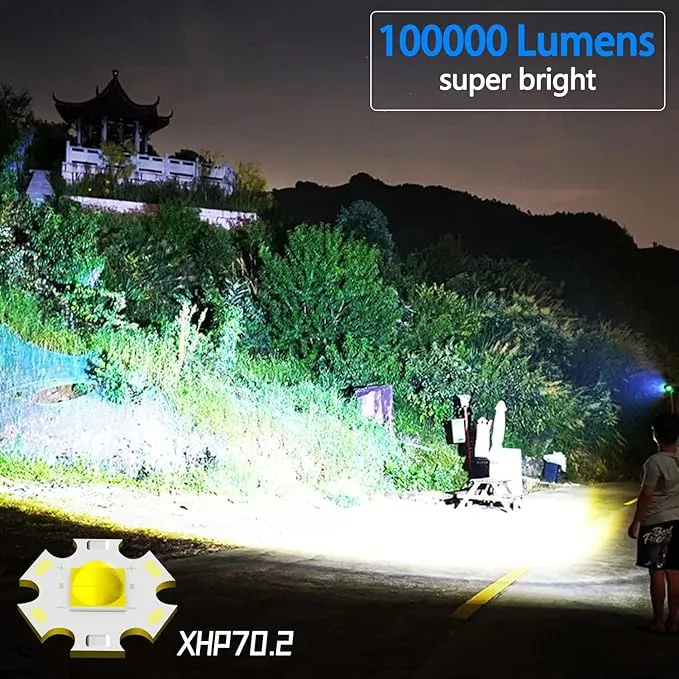 Super Bright Flashlight High Lumens Rechargeable, 100000 Lumen Xhp70.2 Powered Led Flashlights Brightest Flash Light, Powerful Handheld Tactical Flashlights for Camping, Emergency
