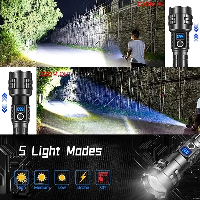 Super Bright Flashlight High Lumens Rechargeable, 100000 Lumen Xhp70.2 Powered Led Flashlights Brightest Flash Light, Powerful Handheld Tactical Flashlights for Camping, Emergency