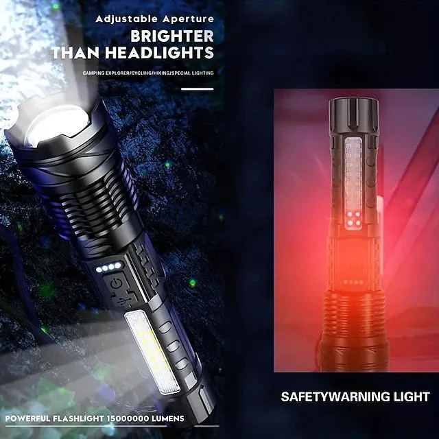 Super Bright Rechargeable Flashlight, LED Powerful Torch Zoomable Outdoor Adventures Flashlight White Laser Waterproof Outdoor Lighting Emergency Work Light Running Fishing Flood Light