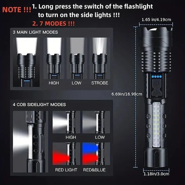 Super Bright Rechargeable Flashlight, LED Powerful Torch Zoomable Outdoor Adventures Flashlight White Laser Waterproof Outdoor Lighting Emergency Work Light Running Fishing Flood Light