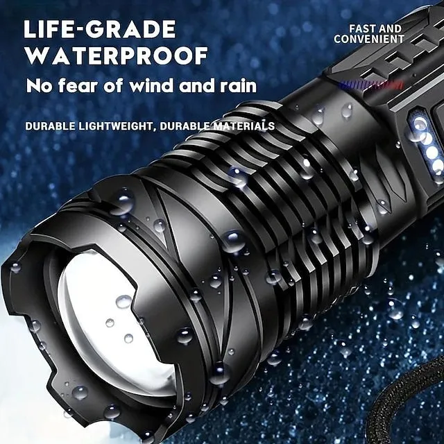 Super Bright Rechargeable Flashlight, LED Powerful Torch Zoomable Outdoor Adventures Flashlight White Laser Waterproof Outdoor Lighting Emergency Work Light Running Fishing Flood Light