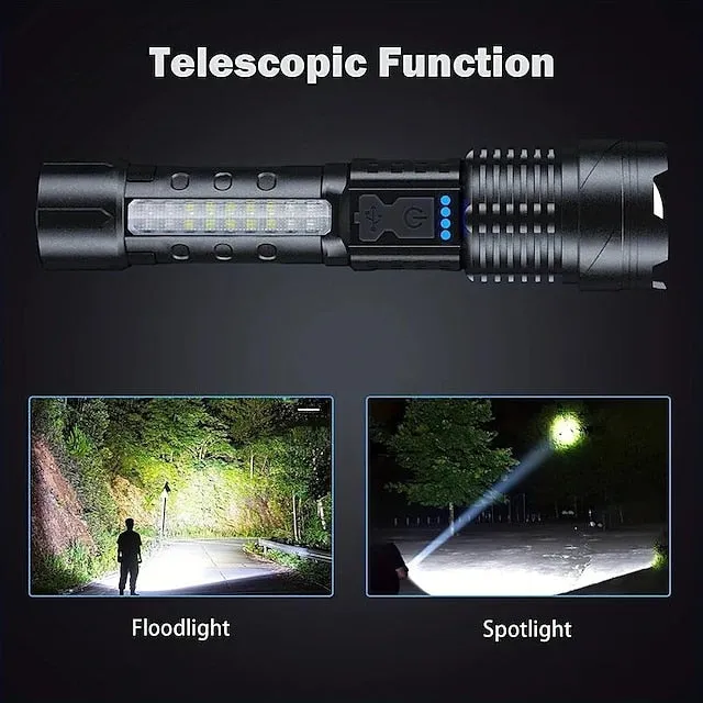 Super Bright Rechargeable Flashlight, LED Powerful Torch Zoomable Outdoor Adventures Flashlight White Laser Waterproof Outdoor Lighting Emergency Work Light Running Fishing Flood Light