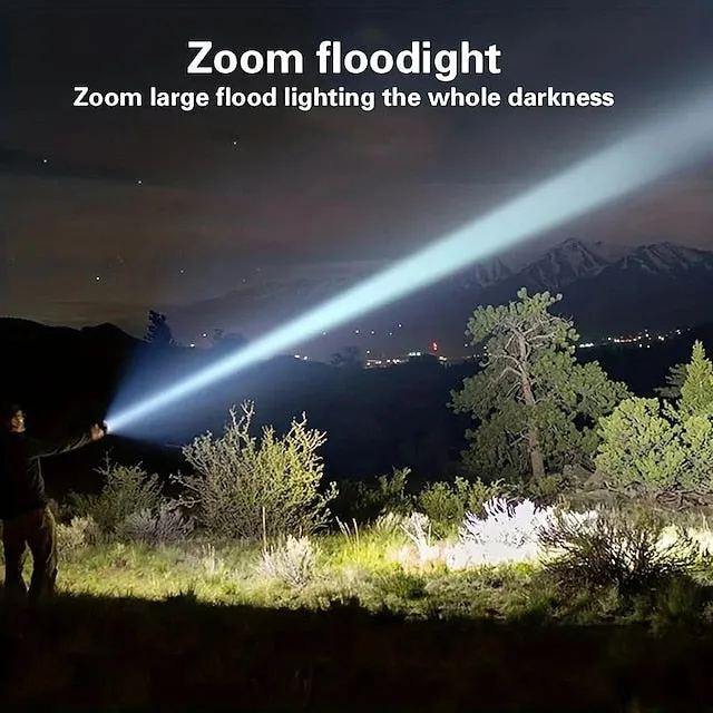 Super Bright Rechargeable Flashlight, LED Powerful Torch Zoomable Outdoor Adventures Flashlight White Laser Waterproof Outdoor Lighting Emergency Work Light Running Fishing Flood Light