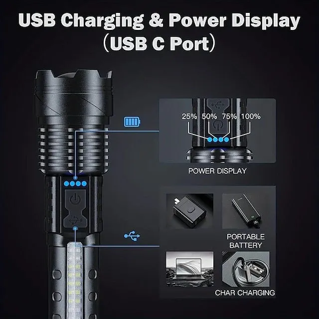 Super Bright Rechargeable Flashlight, LED Powerful Torch Zoomable Outdoor Adventures Flashlight White Laser Waterproof Outdoor Lighting Emergency Work Light Running Fishing Flood Light