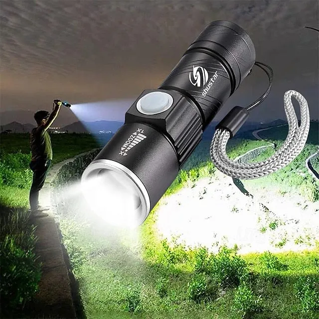 Super bright Rechargeable LED Flashlight With Tail USB Charging Head Zoomable waterproof Torch Portable light 3 Lighting modes Built-in battery