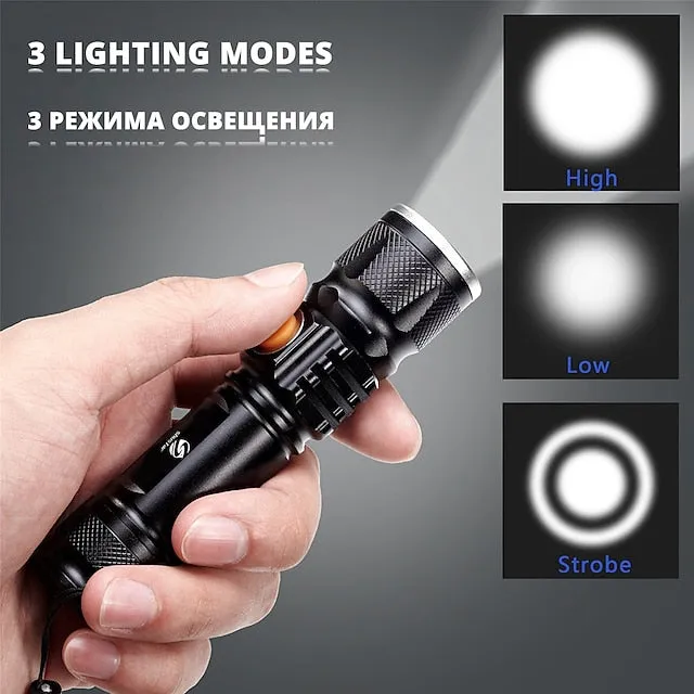 Super bright Rechargeable LED Flashlight With Tail USB Charging Head Zoomable waterproof Torch Portable light 3 Lighting modes Built-in battery