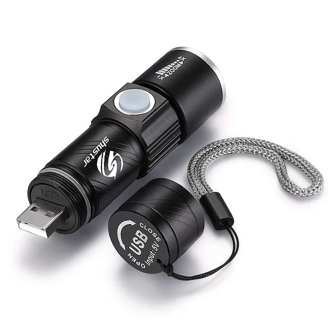 Super bright Rechargeable LED Flashlight With Tail USB Charging Head Zoomable waterproof Torch Portable light 3 Lighting modes Built-in battery