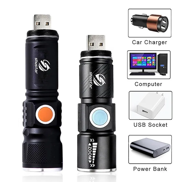 Super bright Rechargeable LED Flashlight With Tail USB Charging Head Zoomable waterproof Torch Portable light 3 Lighting modes Built-in battery