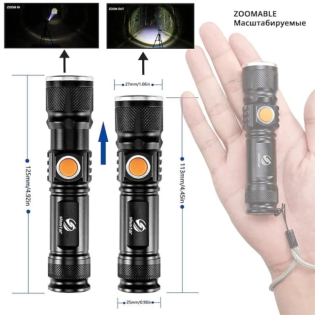 Super bright Rechargeable LED Flashlight With Tail USB Charging Head Zoomable waterproof Torch Portable light 3 Lighting modes Built-in battery