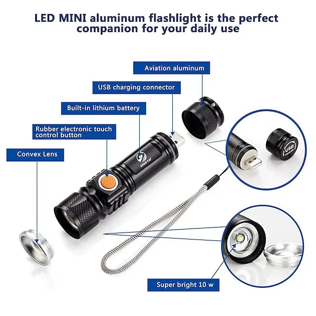 Super bright Rechargeable LED Flashlight With Tail USB Charging Head Zoomable waterproof Torch Portable light 3 Lighting modes Built-in battery