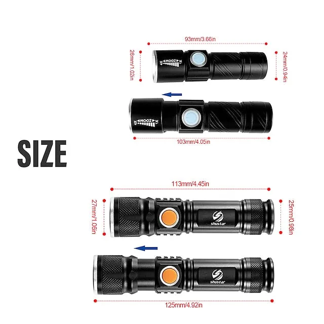 Super bright Rechargeable LED Flashlight With Tail USB Charging Head Zoomable waterproof Torch Portable light 3 Lighting modes Built-in battery