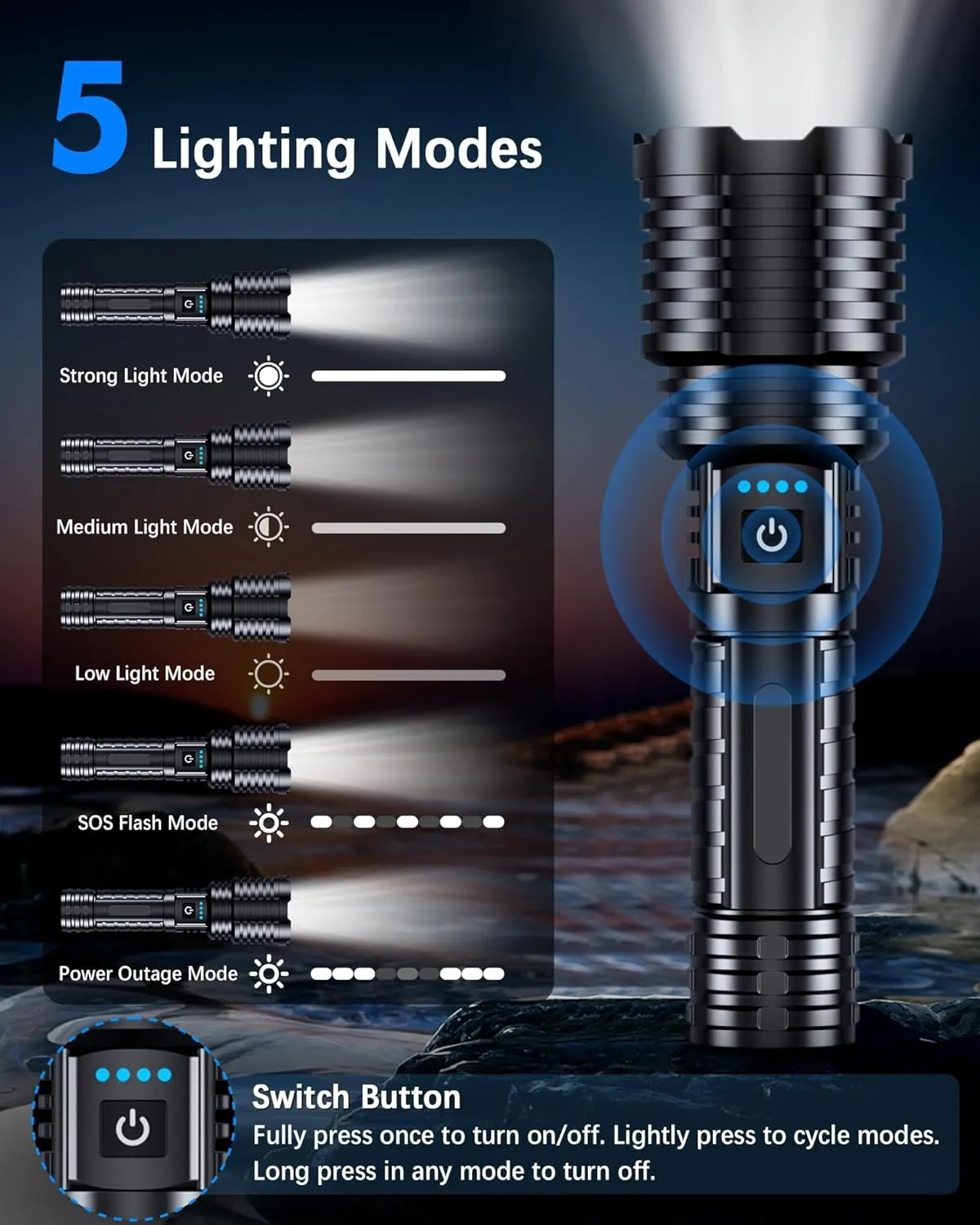 Super Bright Rechargeable LED Flashlights 2500.000 High Lumens, Flashlights High Lumens Up to 25H Long Battery Life| Zoomable| 5Light Modes| IP67 Waterproof, High Powered Flashlight for Camping Home
