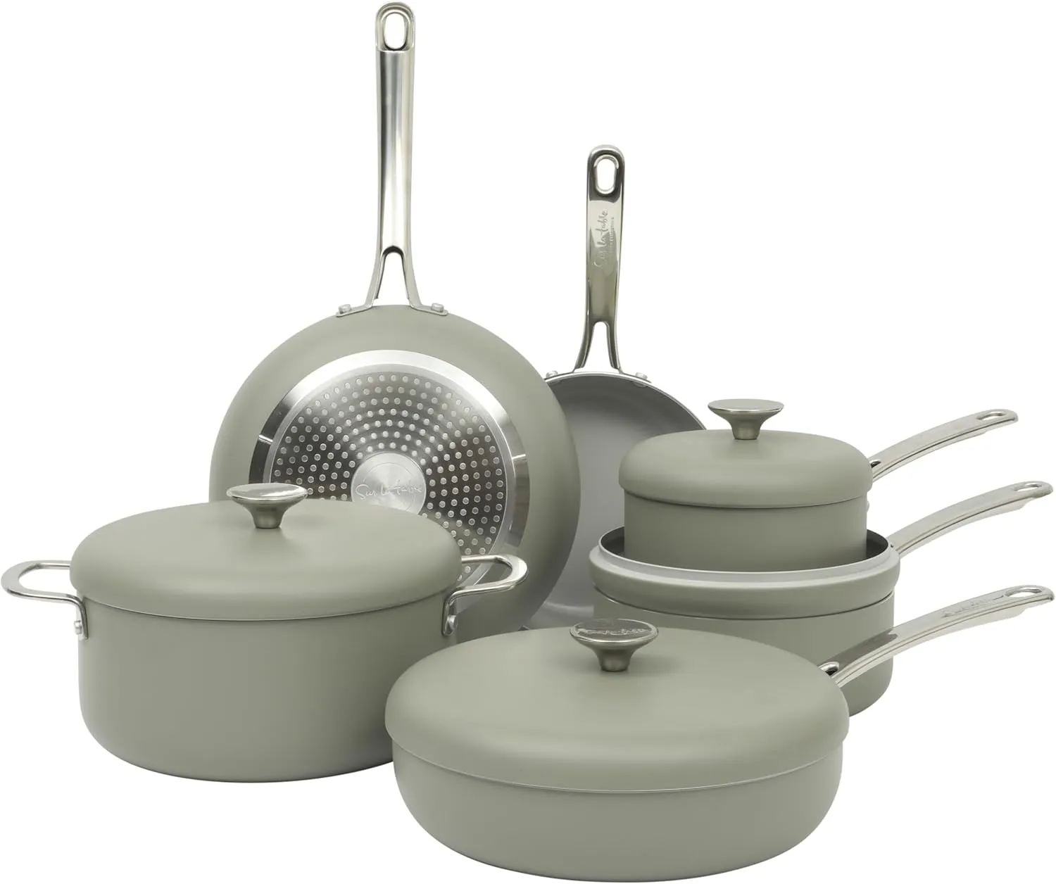 Sur La Table Kitchen Essentials Potluck Porch 10 Piece PFA Free Ceramic Non stick Interior Forged Aluminum Cookware Pots and Pans Set W/Aluminum Lids - Green - Induction Compatible