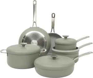 Sur La Table Kitchen Essentials Potluck Porch 10 Piece PFA Free Ceramic Non stick Interior Forged Aluminum Cookware Pots and Pans Set W/Aluminum Lids - Green - Induction Compatible