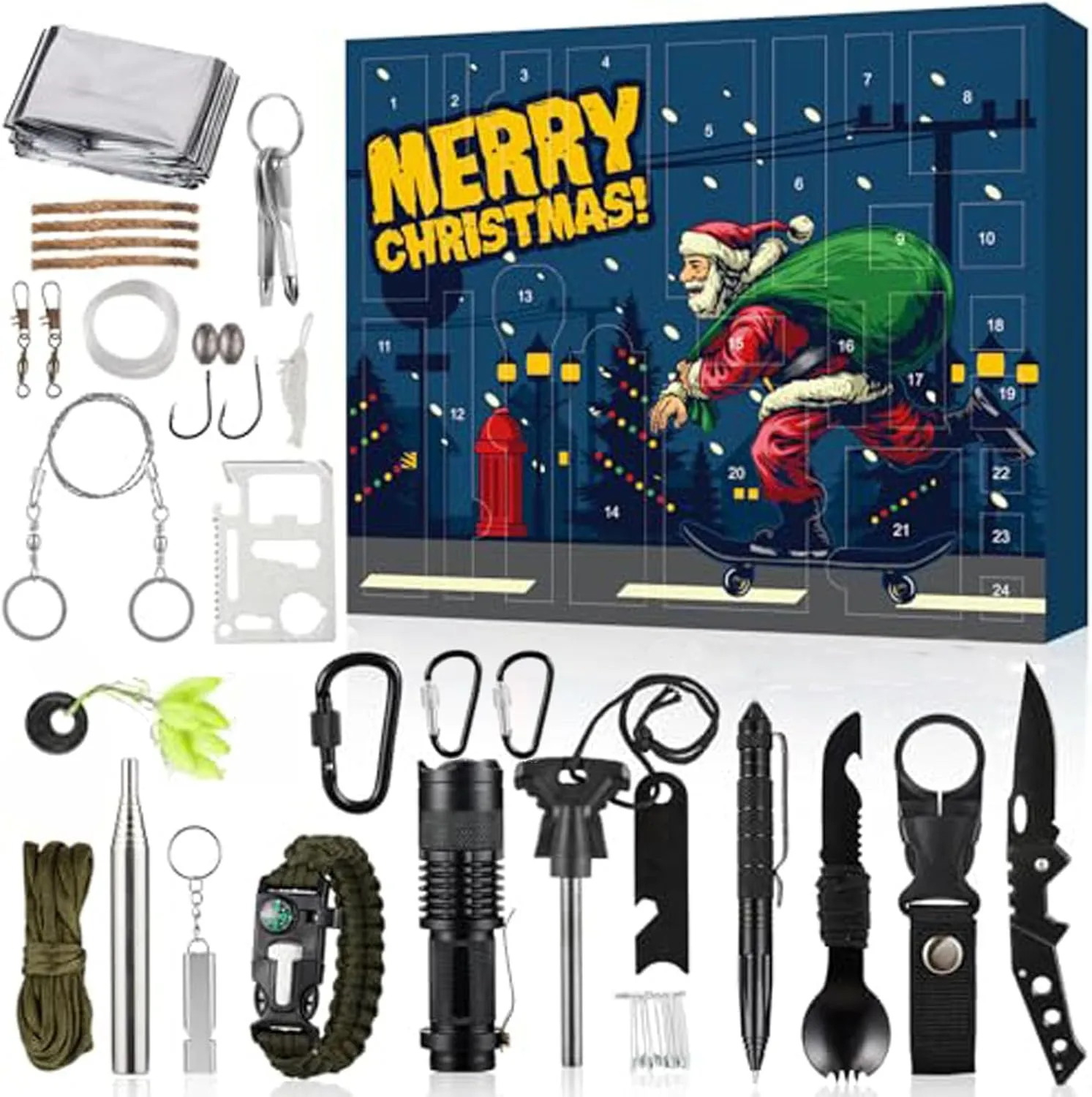 Survival Kit Advent Calendar 2024 with 24 Different Survival Tools 24 Days Survival Gear Advent Calendar 2024 Adult Christmas Advent Calendar for Men Women Cool Gadgets Gifts for Hunting Camping (A)