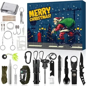 Survival Kit Advent Calendar 2024 with 24 Different Survival Tools 24 Days Survival Gear Advent Calendar 2024 Adult Christmas Advent Calendar for Men Women Cool Gadgets Gifts for Hunting Camping (A)