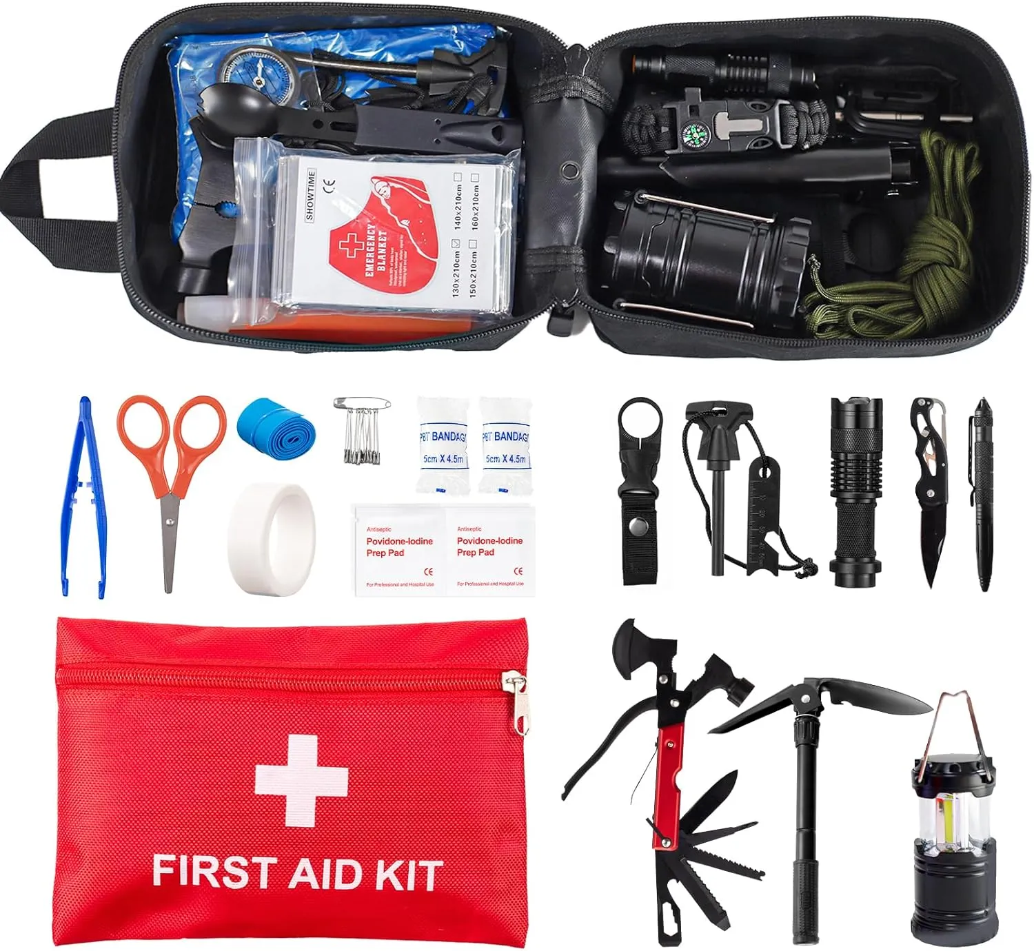 Survival Kit and First Aid Kit, 250Pcs Professional Survival Gear and Equipment with Molle Pouch, for Men Dad Husband Who Likes Camping Outdoor Adventure (Black)