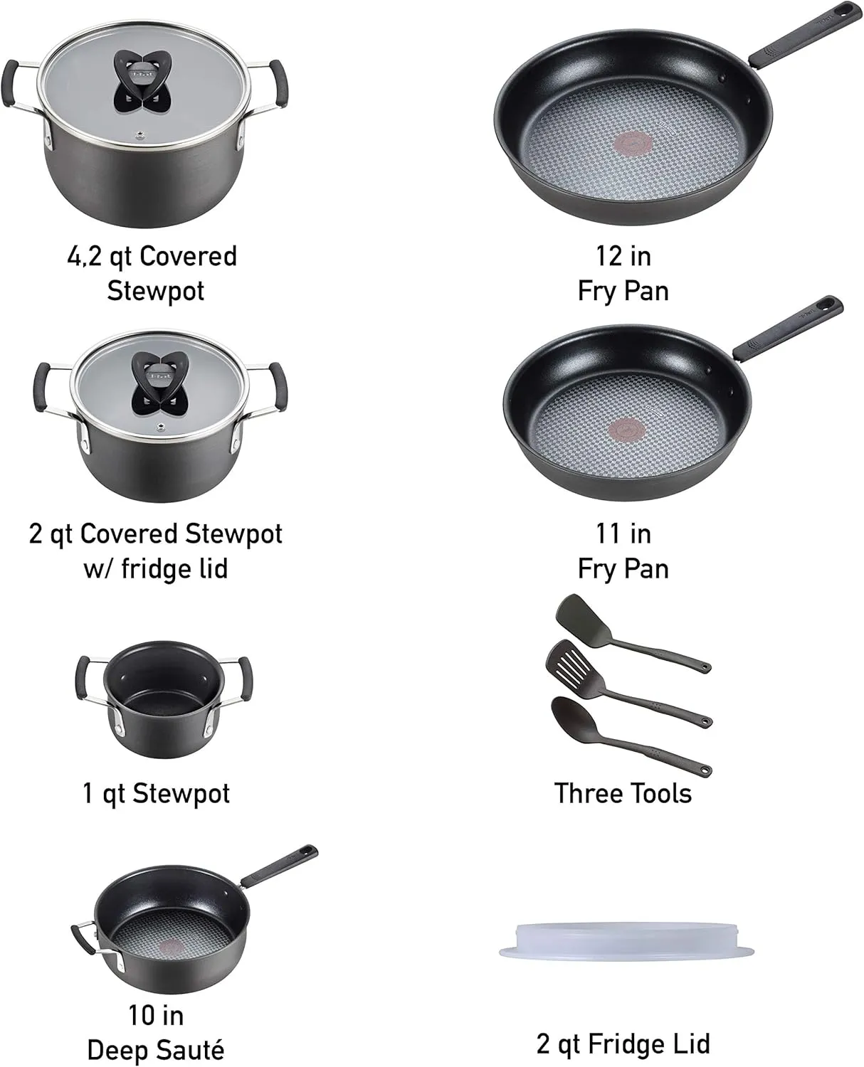 T-fal All In One Hard Anodized Nonstick Cookware Set 12 Piece Pots and Pans, Dishwasher Safe Black