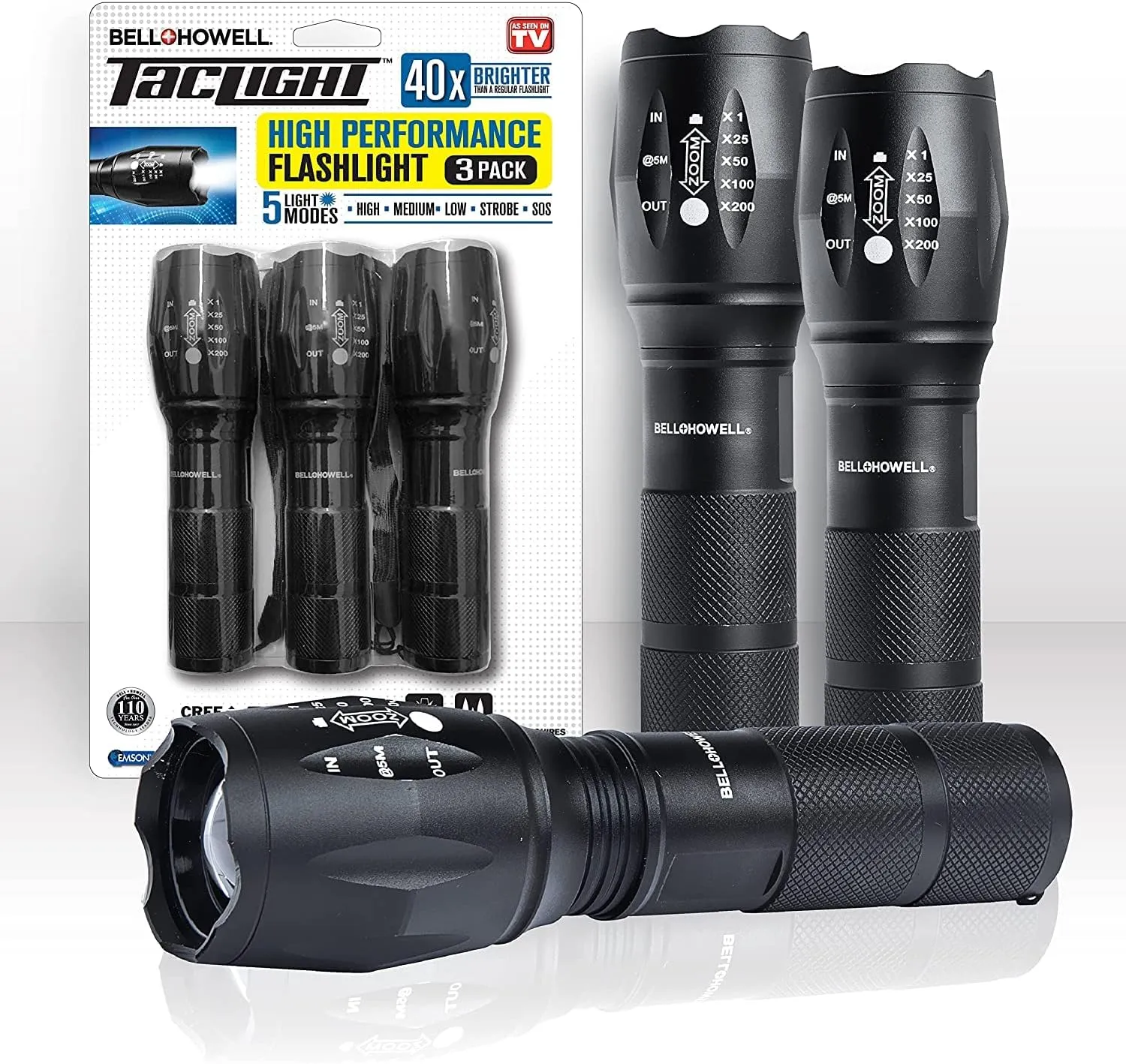Taclight Flashlight by Bell Howell High Lumens LED Tactical Flashlight 5 Modes & Zoom Function 40X Brighter Water Proof Handheld Flashlight for Emergency Camping Accessories As Seen On TV Set of 3