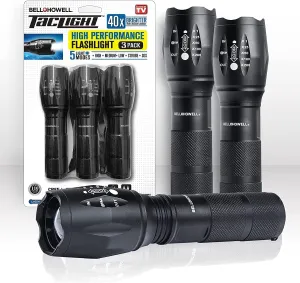 Taclight Flashlight by Bell Howell High Lumens LED Tactical Flashlight 5 Modes & Zoom Function 40X Brighter Water Proof Handheld Flashlight for Emergency Camping Accessories As Seen On TV Set of 3