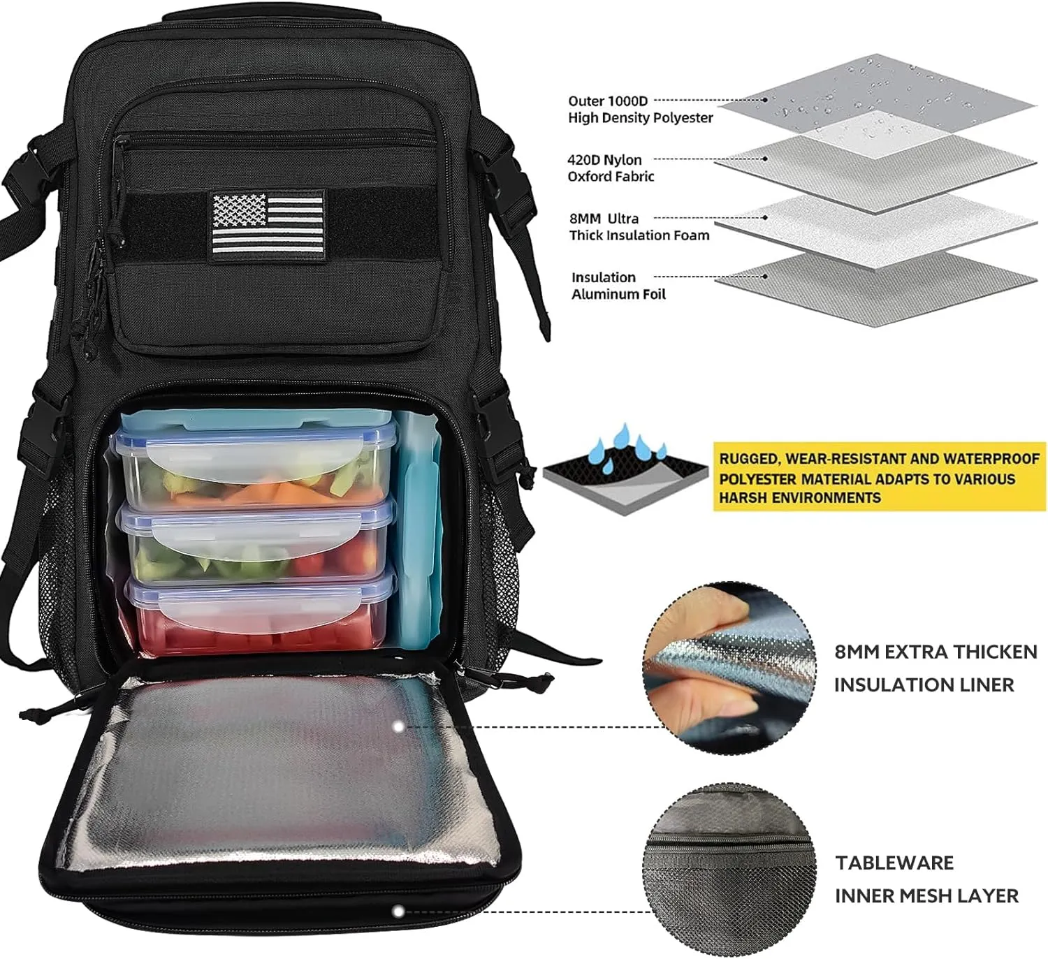 Tactical Meal Prep Backpack,519 Fitness Insulated Lunch Backpack with Removable Meal Compartment,16 Hours Insulation,Hiking Lunch Rucksack with Molle,Heavy Duty Hydration Backpack (Black)