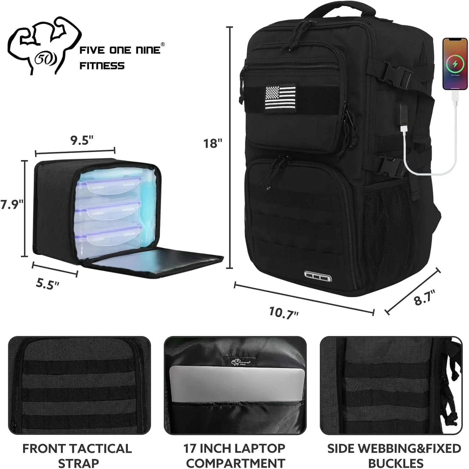 Tactical Meal Prep Backpack,519 Fitness Insulated Lunch Backpack with Removable Meal Compartment,16 Hours Insulation,Hiking Lunch Rucksack with Molle,Heavy Duty Hydration Backpack (Black)