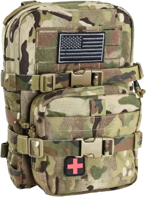 Tactical Mini Molle Hydration Pack,Molle Hydration Carrier with IFAK Pouch&US Flag&Med Patch,Hydropack for 2L Water Bladder