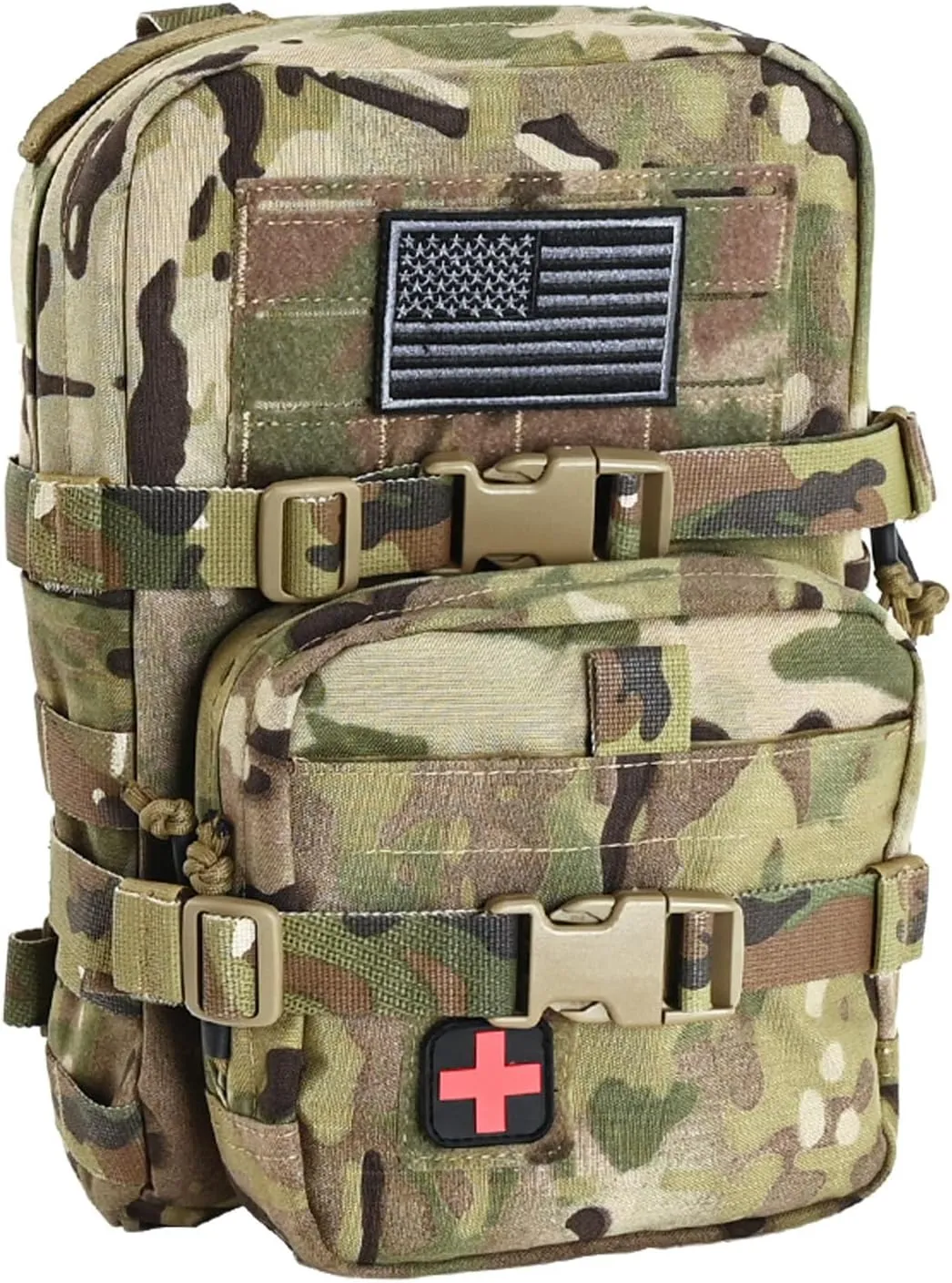 Tactical Mini Molle Hydration Pack,Molle Hydration Carrier with IFAK Pouch&US Flag&Med Patch,Hydropack for 2L Water Bladder