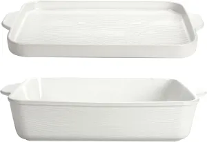 Temp-Tations 9x13 Inch Woodland White Deep Dish Casserole Baking Dish with Lid - Hand-Painted Ceramic Large Baking Dishes for Oven Set of 2, Oven to Table Bakeware, Large Ceramic Stoneware Set