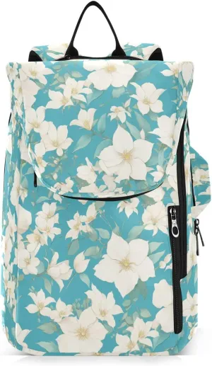 Tennis Racket Ball Backpack Large Sturdy Chic White Clematis Flowers Teal Background Gym Bags Travel Backpack for Women Men de tenis para ninos