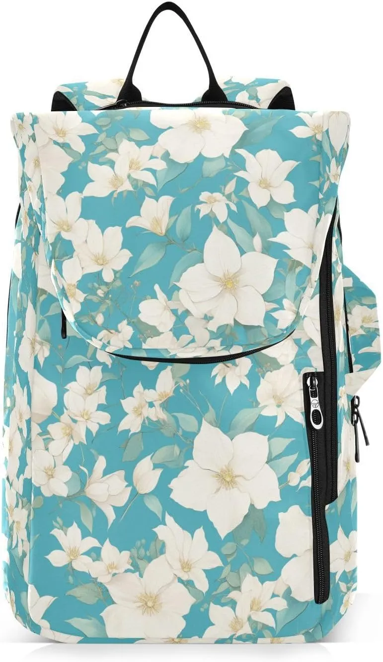 Tennis Racket Ball Backpack Large Sturdy Chic White Clematis Flowers Teal Background Gym Bags Travel Backpack for Women Men de tenis para ninos