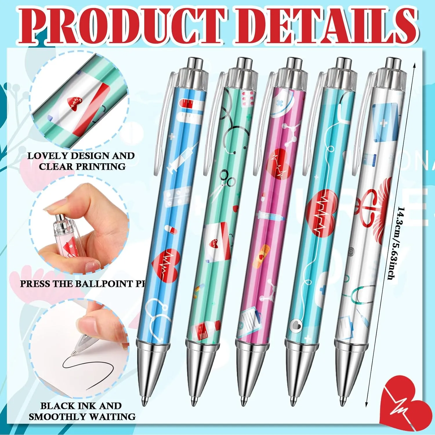Tinlade 60 Pcs Nurse Day Gifts Bulk Include 30 Ballpoint Pen,black Ink,retractable,30 Thank You Exchange Card for Medical Party Favor Hospital Office Gift Graduation Party (Nurse Day)
