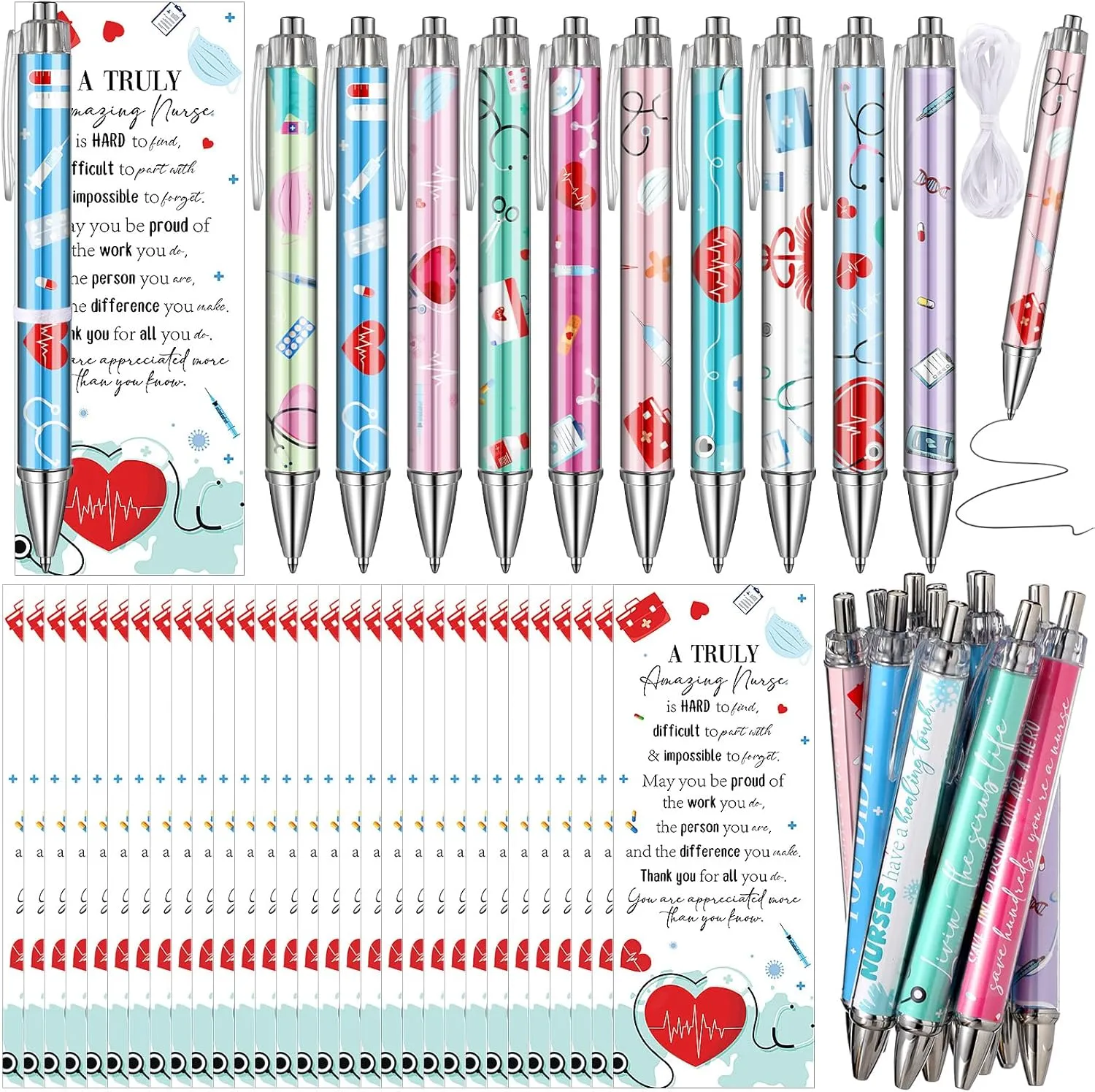 Tinlade 60 Pcs Nurse Day Gifts Bulk Include 30 Ballpoint Pen,black Ink,retractable,30 Thank You Exchange Card for Medical Party Favor Hospital Office Gift Graduation Party (Nurse Day)
