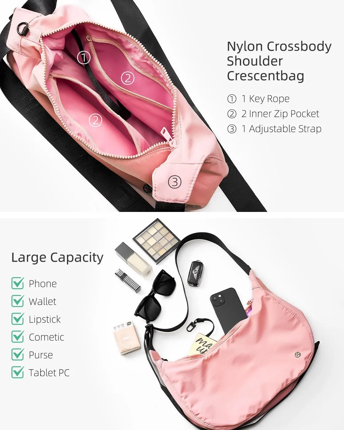 Titosha Medium Nylon Crescent Crossbody Bag for Women with Extended Adjustable Shoulder strap