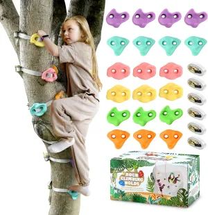 TOPNEW 20 Ninja Tree Climbing Holds for Kids Climber, Adult Climbing Rocks with 6 Ratchet Straps for Outdoor Ninja Warrior Obstacle Course Training, Soft Color