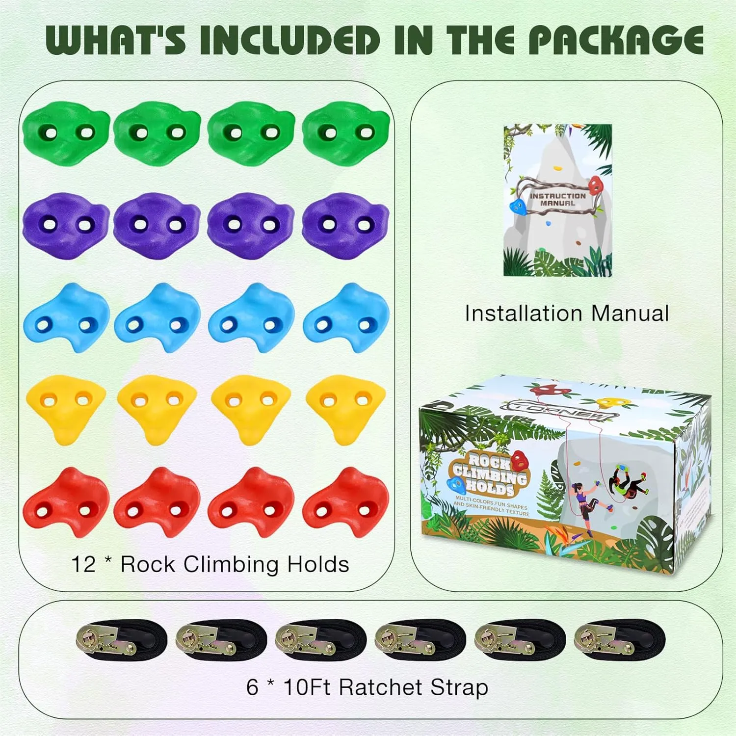TOPNEW 20 Ninja Tree Climbing Holds for Kids Climber, Adult Climbing Rocks with 6 Ratchet Straps for Outdoor Ninja Warrior Obstacle Course Training