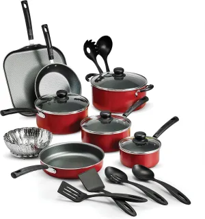 Tramontina 18 Piece Nonstick Cookware Set - Red - Aluminum Construction, Dishwasher Safe, Compatible with Gas, Electric, Ceramic Cooktops - Includes Sauté Pans, Griddle, Dutch Oven, Cooking Utensils