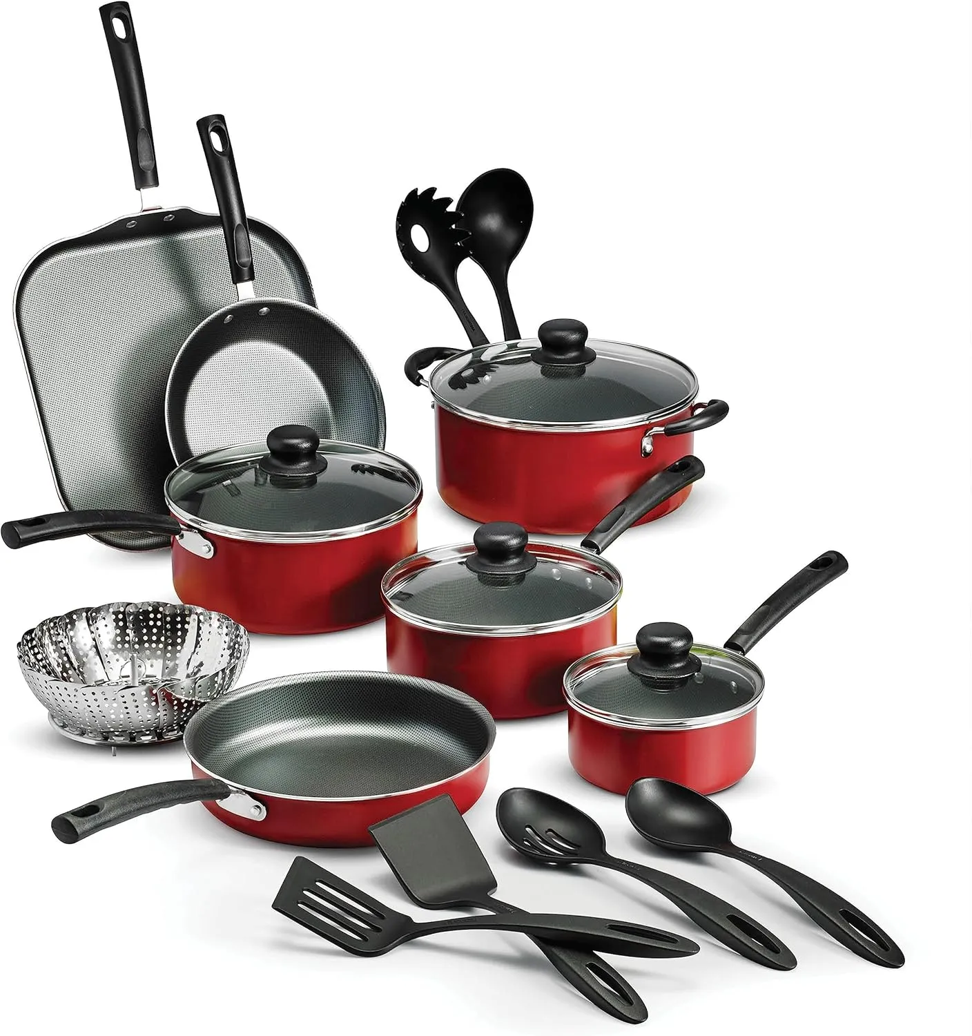 Tramontina 18 Piece Nonstick Cookware Set - Red - Aluminum Construction, Dishwasher Safe, Compatible with Gas, Electric, Ceramic Cooktops - Includes Sauté Pans, Griddle, Dutch Oven, Cooking Utensils