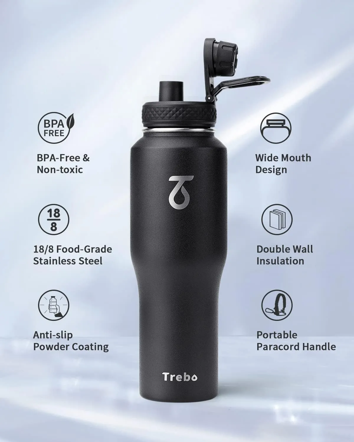 Trebo 32 oz Water Bottle Insulated Fit in Any Car Cup Holder,Triple Wall Vacuum Stainless Steel Water Bottles (Keep Cold for 48 Hrs),Leakproof Tumbler Flask with Paracord Handle,Straw Spout Lids