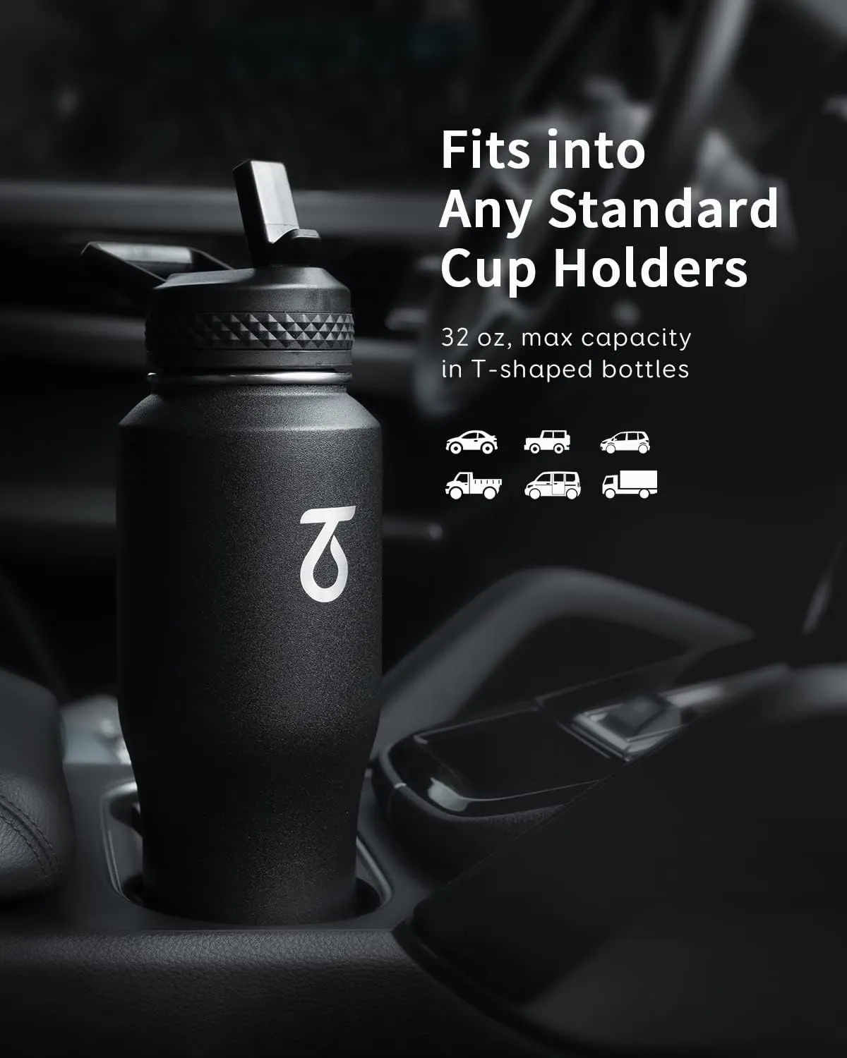 Trebo 32 oz Water Bottle Insulated Fit in Any Car Cup Holder,Triple Wall Vacuum Stainless Steel Water Bottles (Keep Cold for 48 Hrs),Leakproof Tumbler Flask with Paracord Handle,Straw Spout Lids